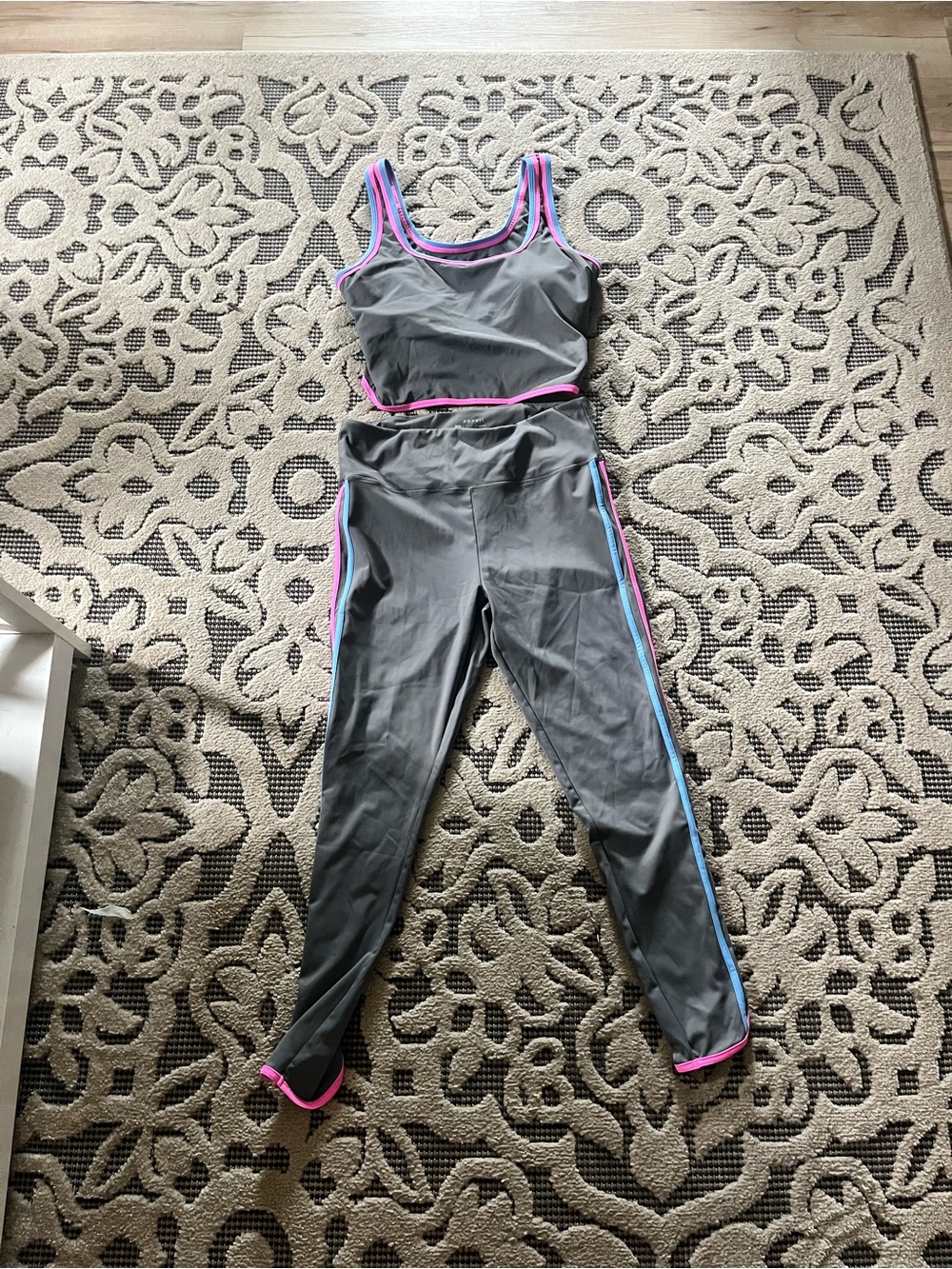 Gray Women's Active Two-Piece Set with Pink & Blue Trim